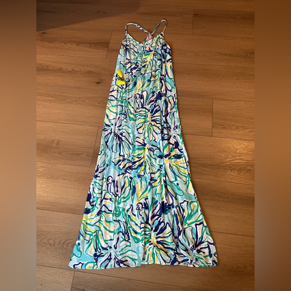 Lilly Pulitzer Aqua, Navy & Yellow Floral Maxi Dress
